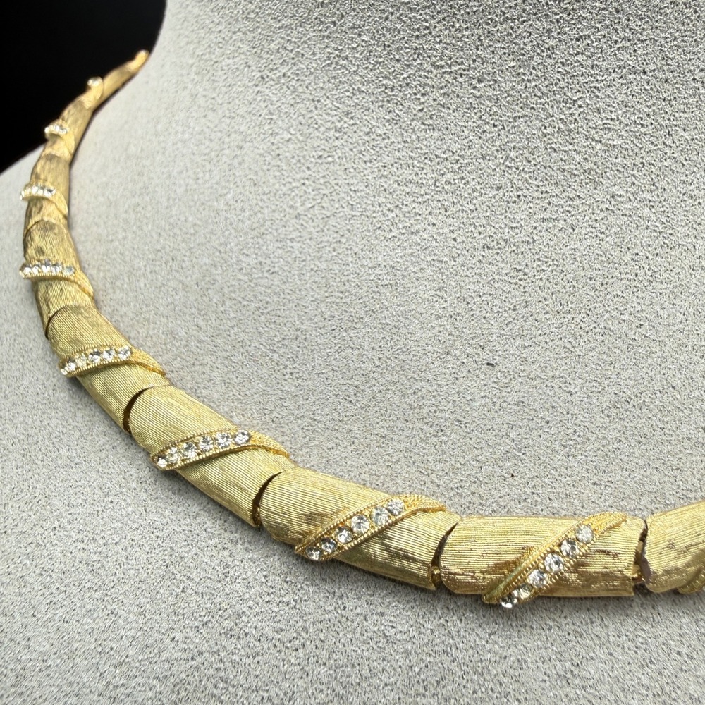 VTG Choker Necklace Gold Tone Clear Rhinestone Textured MCM Glam 16" Adjustable